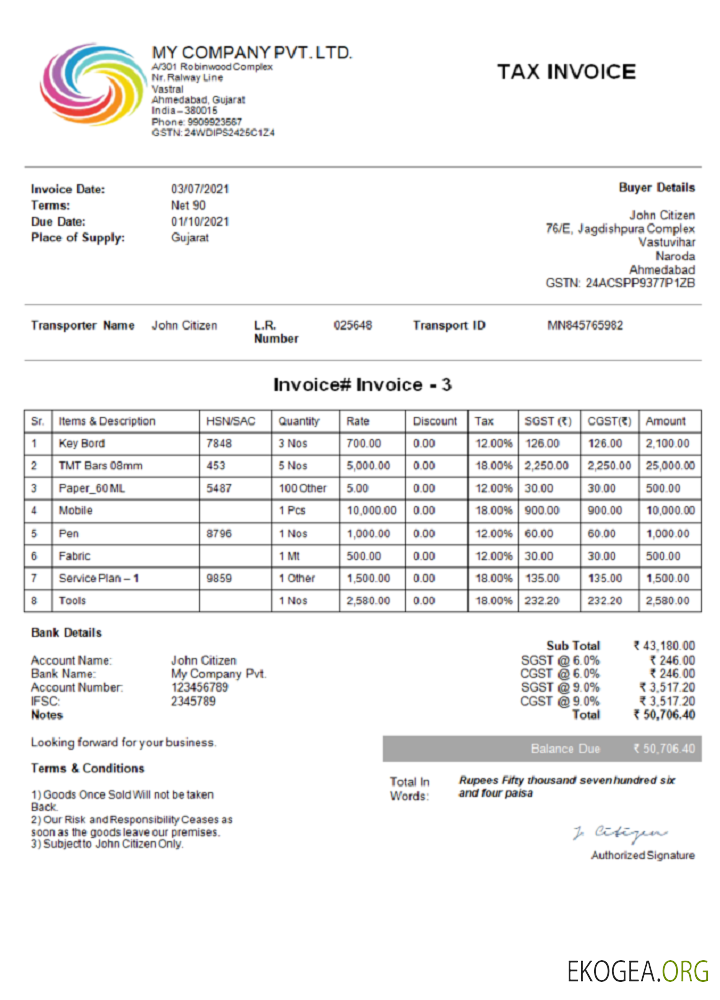 Facture Inde My Company Pvt Ltd
